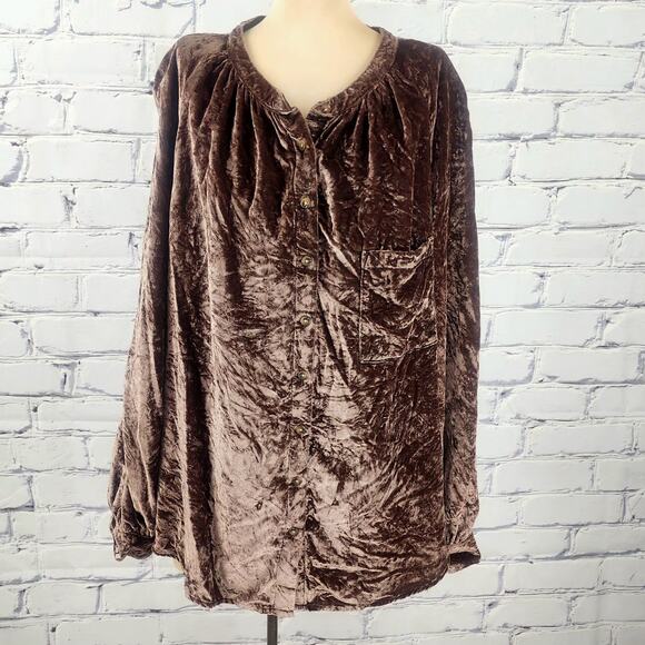 Pilcro by Anthropologie Tops - Anthropologie Pilcro Womens 2X Crushed Velvet Femme Buttondown Shirt Cocoa Brown